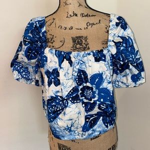 H&M Off-Shoulder Puff Sleeve Cotton Crop Top White & Blue Women’s Size Medium